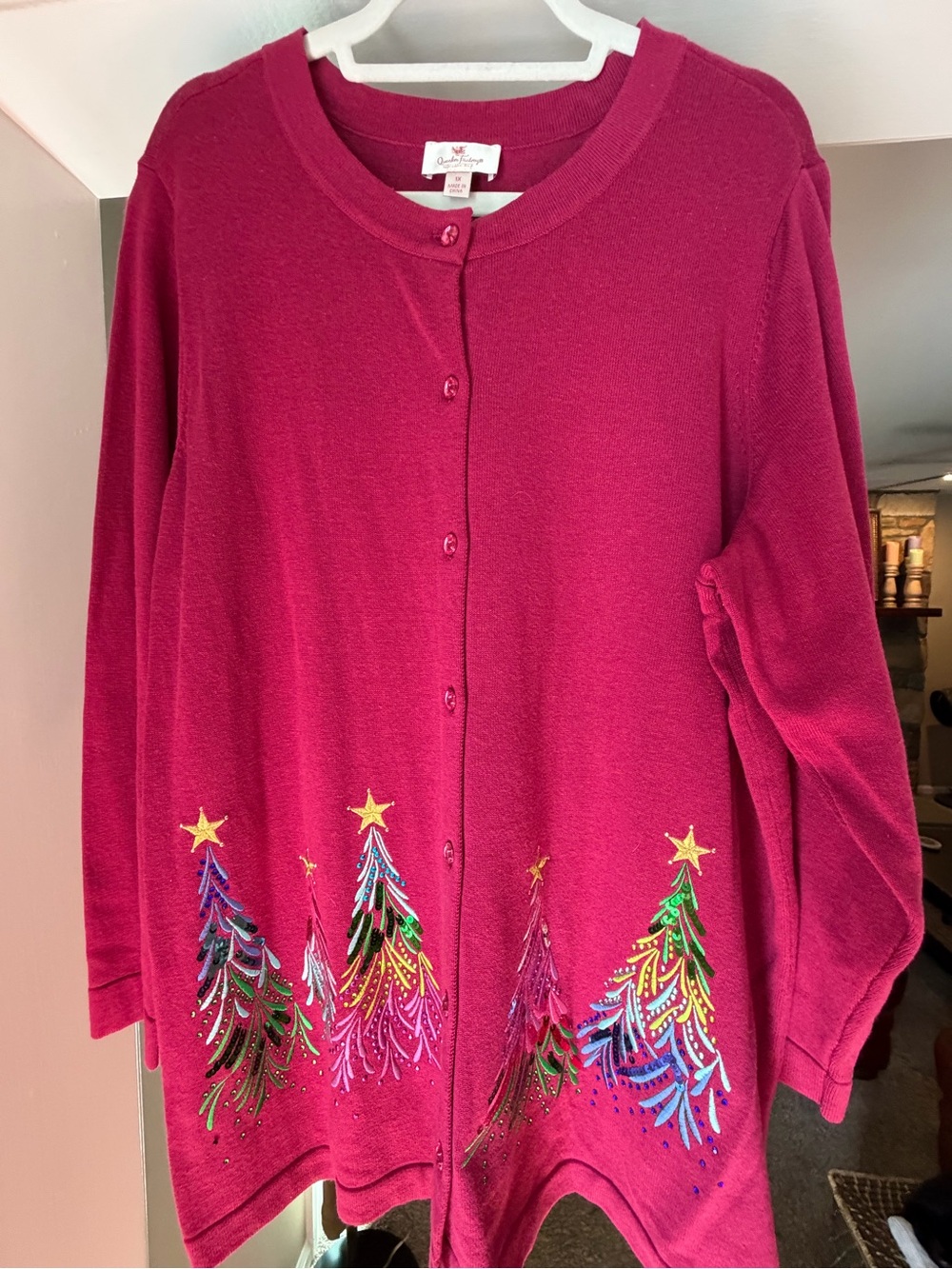 Quacker Factory Raspberry Holiday Embroidered Cardigan Sweater